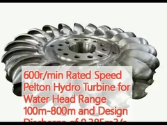 600r/min 水頭 100m-800m の範囲と 0.385m3/s の設計放出のためのペルトン水力タービン